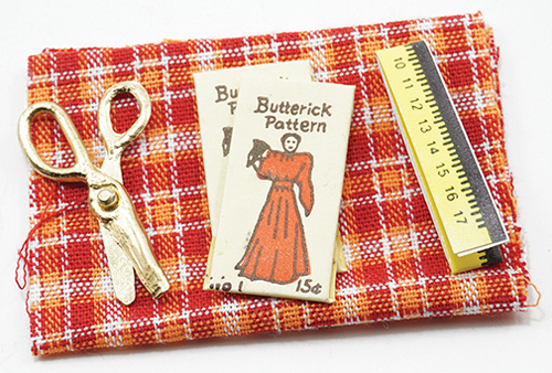 Dollhouse Miniature Measuring Tape, Fabric, Pattern/Scissors (Sewing)